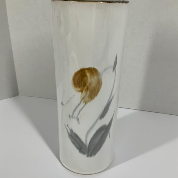 Gold Trim MCM Vase 50s 60s Hand Painted Brush Strokes Abstract Cylinder Vase 8" - Picture 2 of 7